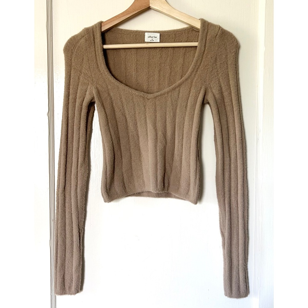 Aritzia Wilfred Hush Knit Sweetheart Sweater Gold Camel XS Cozy Ribbed Feminine
